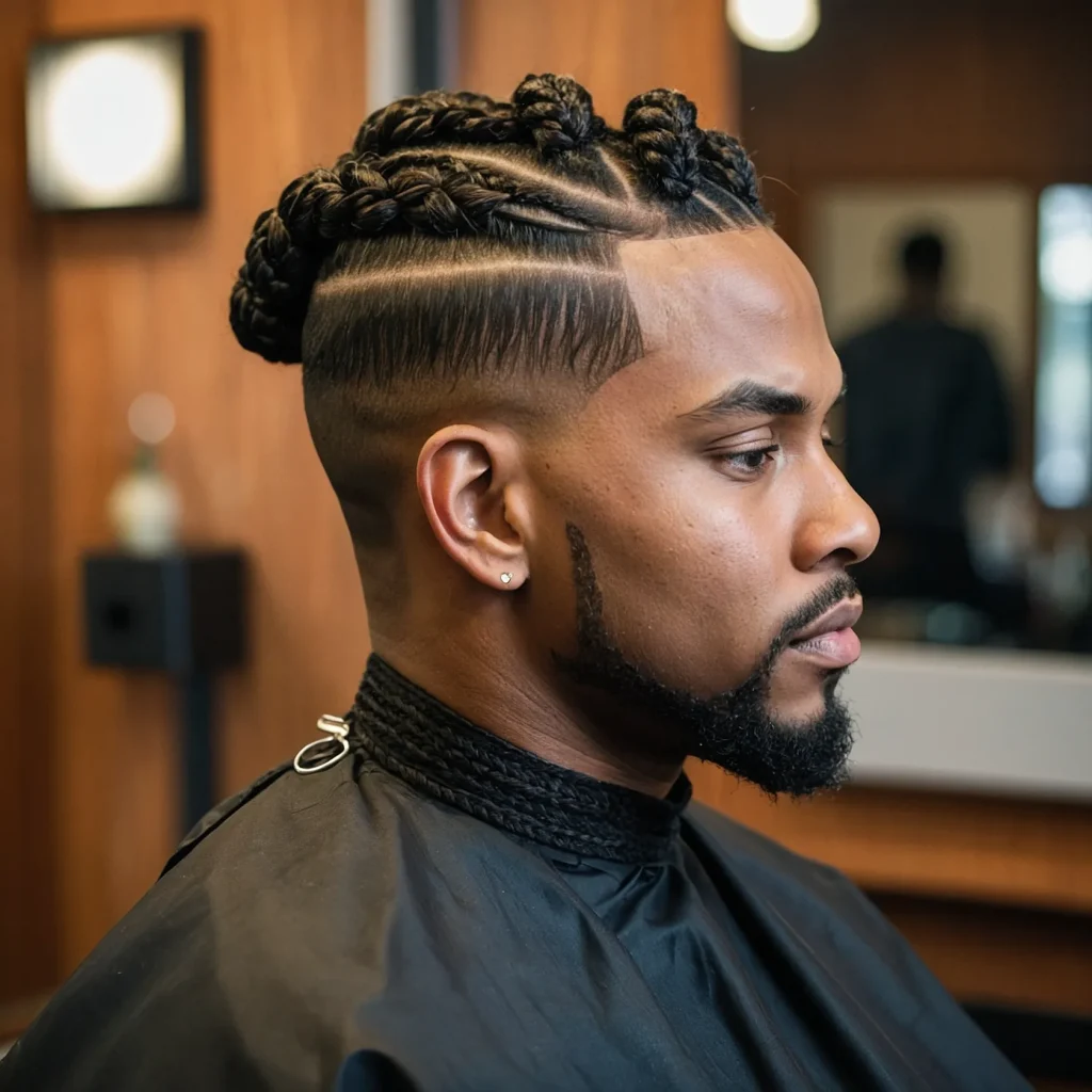 Low Taper Fade with Braided BunBlack man w